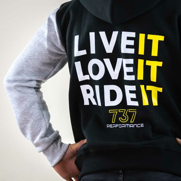 sweatshirt à capuche Live it Love it Ride it Noir et gris 737 Motif dos